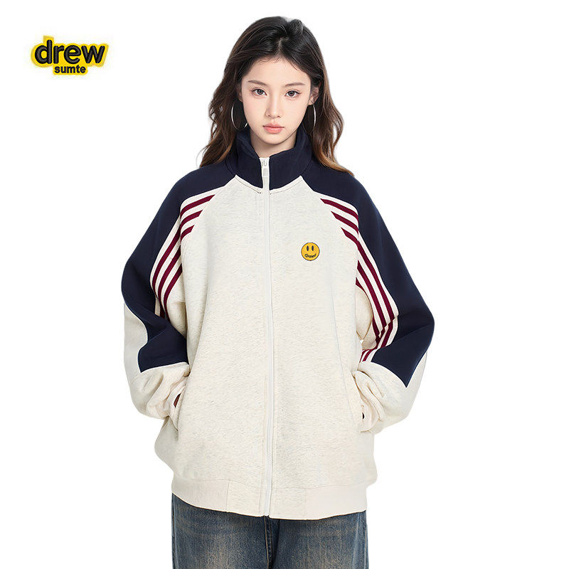 Drew Sava笑脸美式撞色拼接运动休闲外套女拉链卫衣开衫棒球服