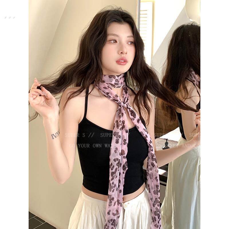 时髦粉色豹纹长款薄丝巾女复古辣妹风秋季系脖配饰小众高级感围巾