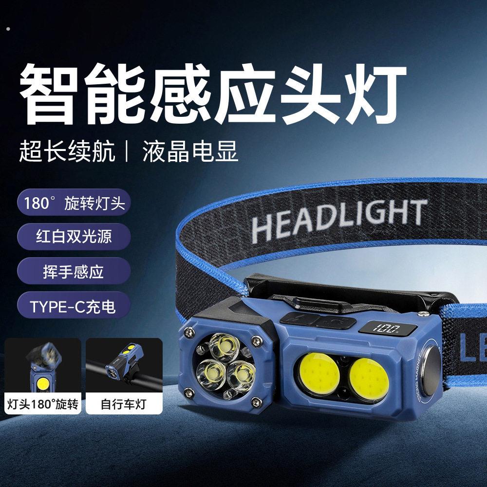 强光多功能户外照明感应磁吸双头旋转头灯高亮迷你骑行登山充电灯