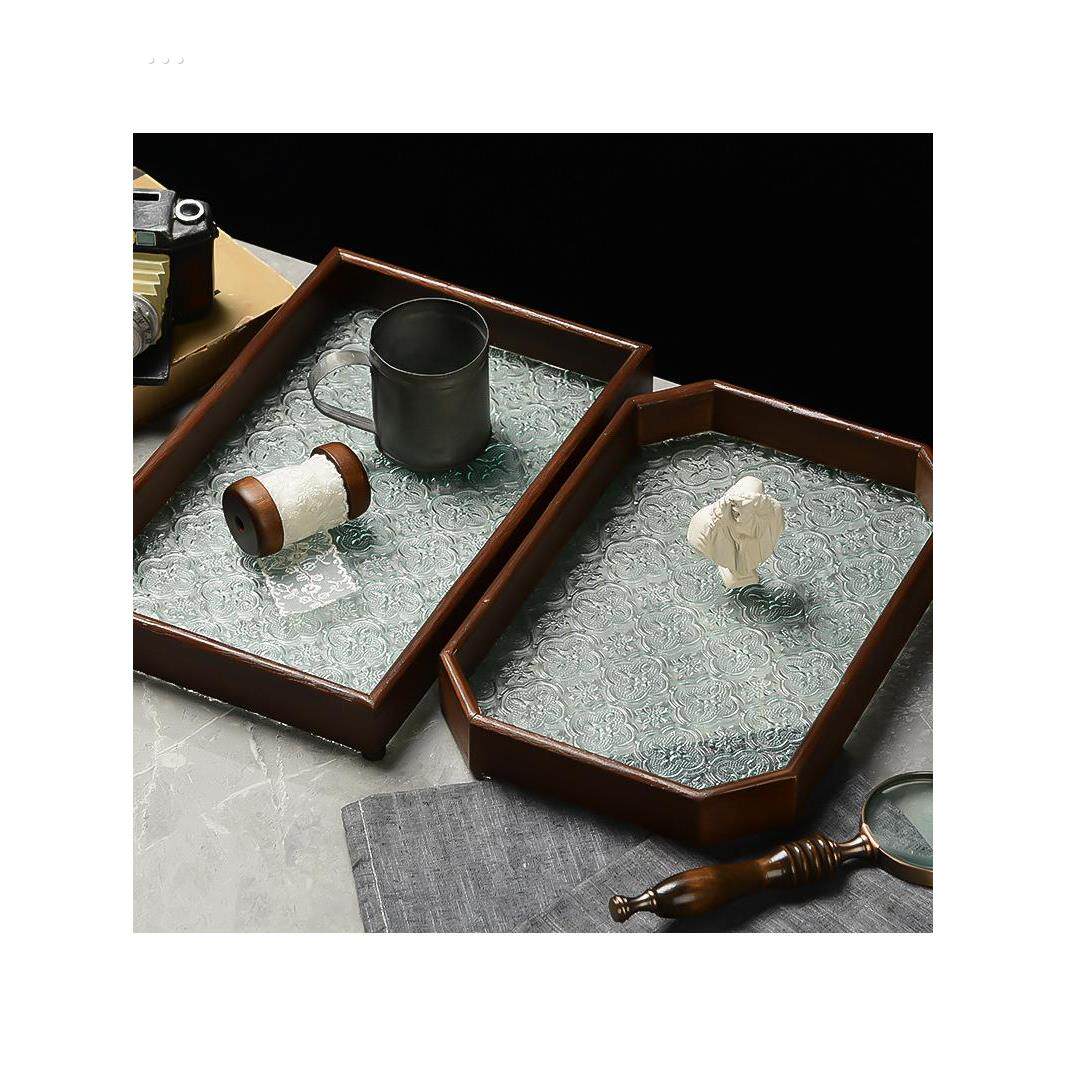 海棠玻璃托盘覆古茶盘茶具摆件茶水杯收纳盘点心水果盘长方形原木