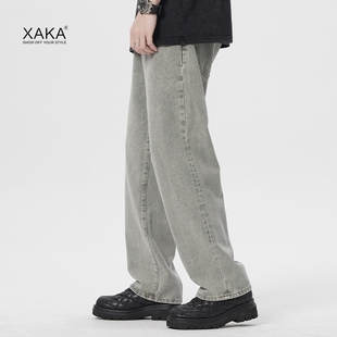 复古水洗烟灰色直筒牛仔裤 XAKA春季 cleanfit裤 子美式 男潮牌vibe风