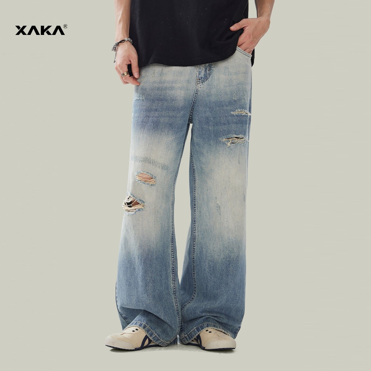 XAKA美式复古莱赛尔天丝水洗破洞牛仔裤男直筒阔腿vibe黄泥染裤子,男装,牛仔裤,淘宝优惠券,粉丝福利购,淘宝优惠卷