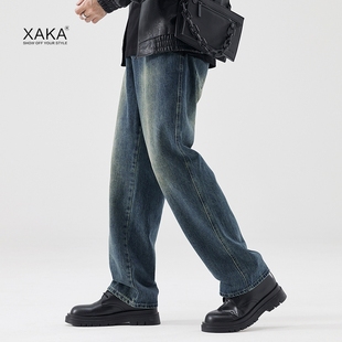 美式 百搭潮牌阔腿裤 高街复古牛仔裤 长裤 男水洗宽松直筒裤 XAKA秋季
