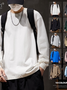 XAKA 260g重磅秋季纯棉宽松纯色打底衫白色长袖t恤男内搭卫衣潮牌
