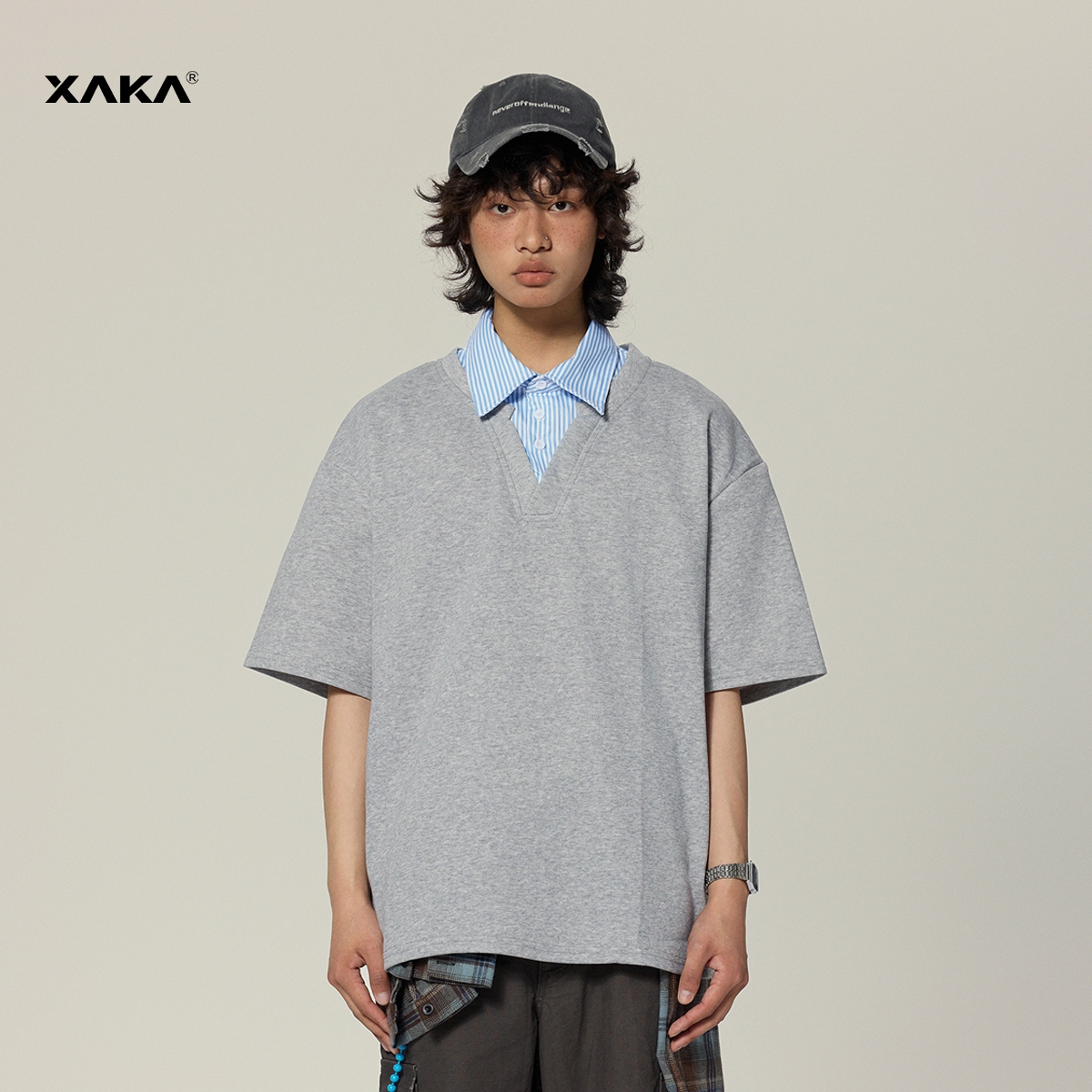 XAKA280g重磅衬衫领假两件polo衫