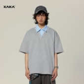 280g重磅美式 休闲衬衫 领假两件polo衫 XAKA 男女高级感潮牌短袖 t恤
