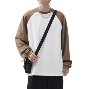 XAKA春季重磅插肩t恤男美式撞色打底衫拼接圆领卫衣宽松百搭上衣