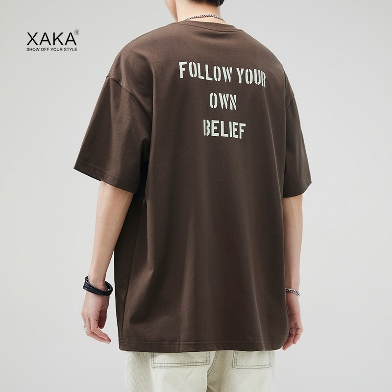 xaka夏季新款潮牌字母印花t恤男圆领宽松百搭短袖纯棉小领口半袖