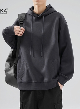 XAKA2024秋季抗皱美式重磅情侣套头连帽卫衣男宽松休闲纯色帽衫潮