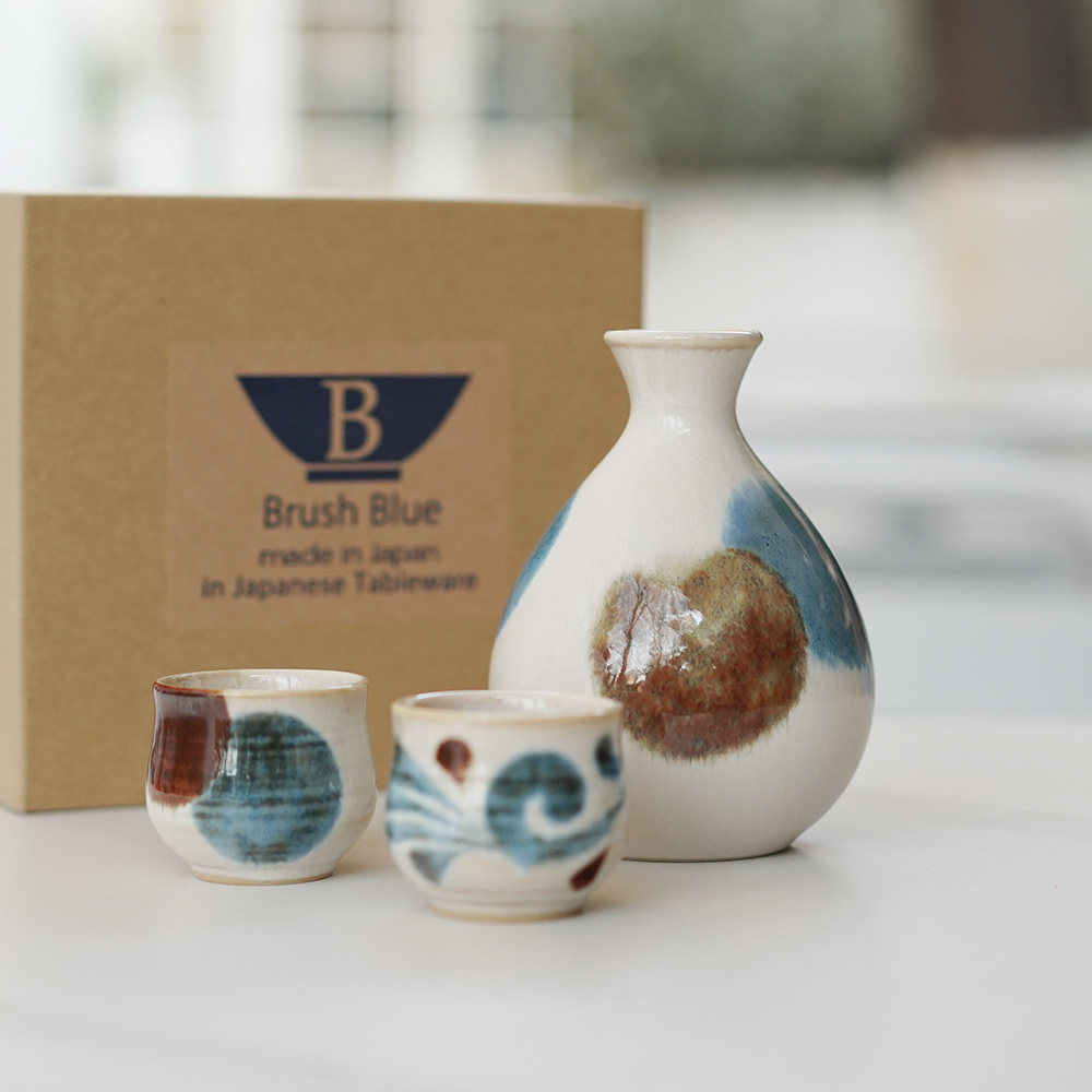 日本进口美浓烧日式复古陶瓷唐草圆波点清酒壶白酒杯子分酒器礼盒