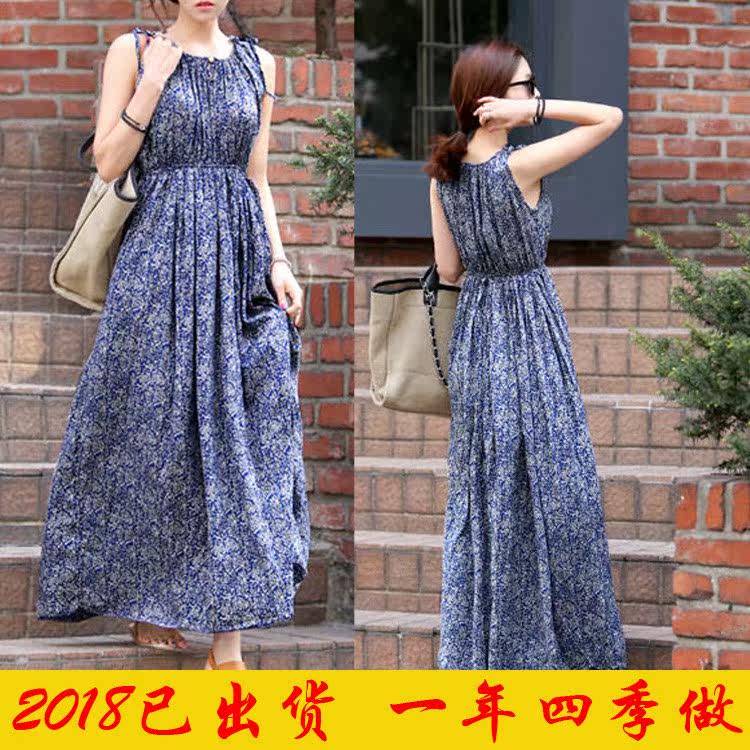 2018新款夏季女装无袖碎花连衣裙长裙日常休闲波西米亚裙潮
