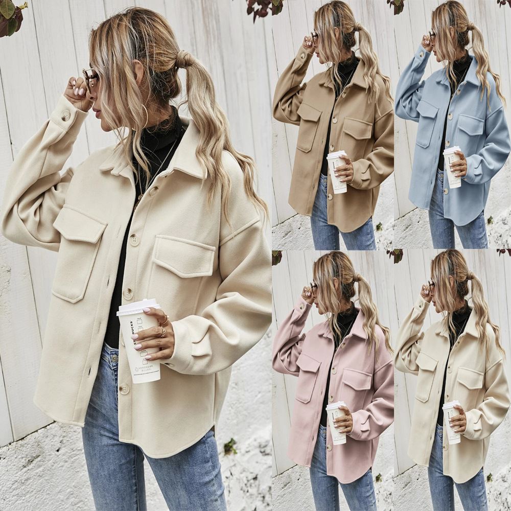 欧美跨境2021秋冬翻领单排扣加厚纯色衬衫毛呢宽松外套女coat