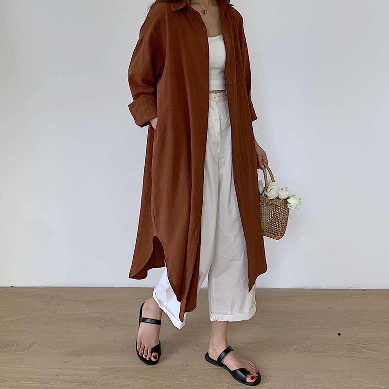 春秋新款夏季日韩chic慵懒风简约长款过膝衬衣风衣外套衬衫coat