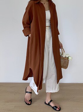 春秋新款夏季日韩chic慵懒风简约长款过膝衬衣风衣外套衬衫coat