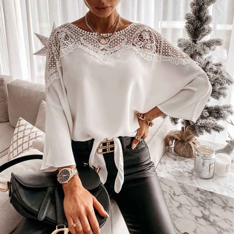 欧美风春装女镂空漏背蕾丝花边9分袖衬衣宽松系带衬衫tops blouse