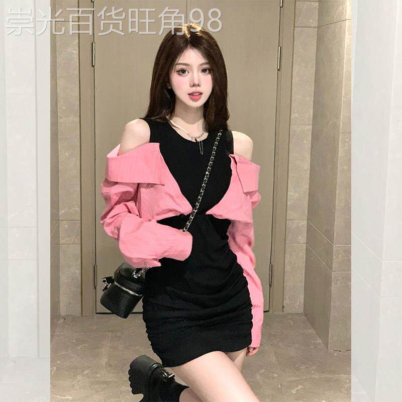 法式黑色露肩长袖衬衫连衣裙女秋季2025新款小个子收腰一字肩裙子