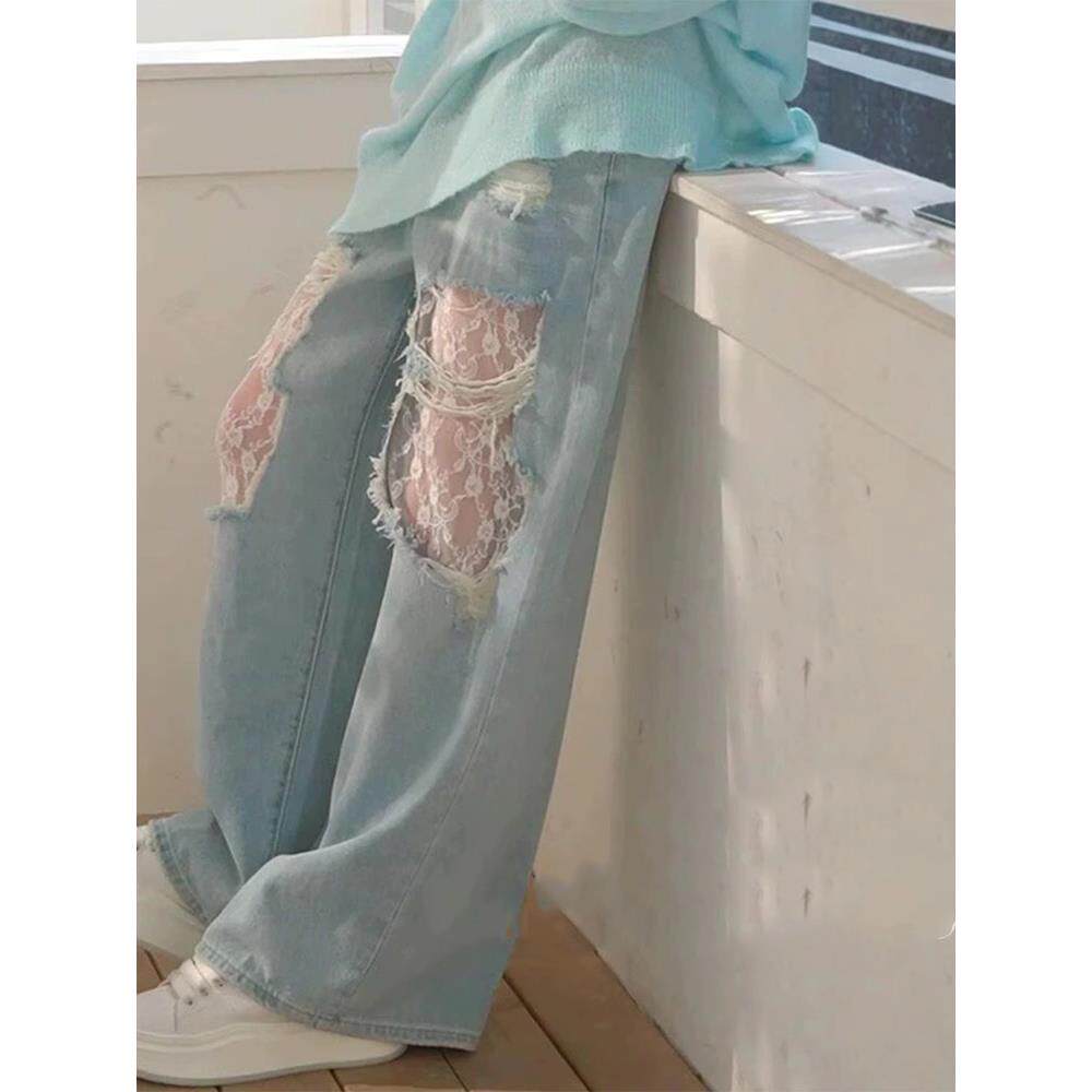 法国Uamtor女童裤子夏薄款独特超好看儿童蕾丝破牛仔裤2025新