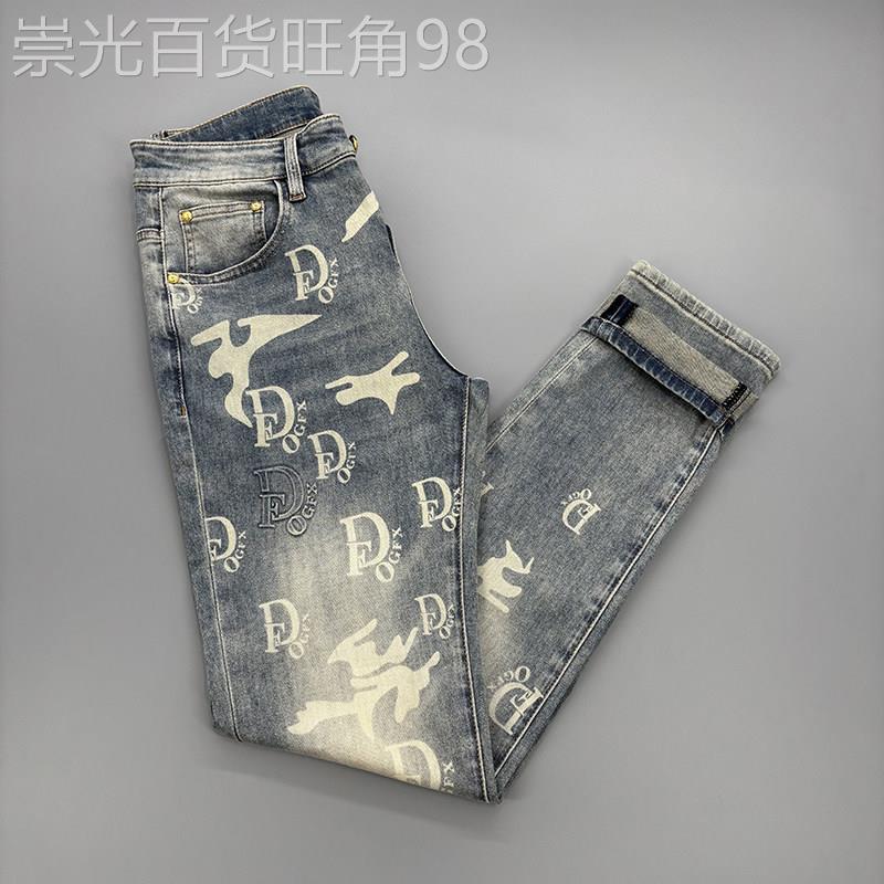 高端时尚印花牛仔裤男夏薄款弹力修身小脚潮流百搭水洗蓝色长裤子