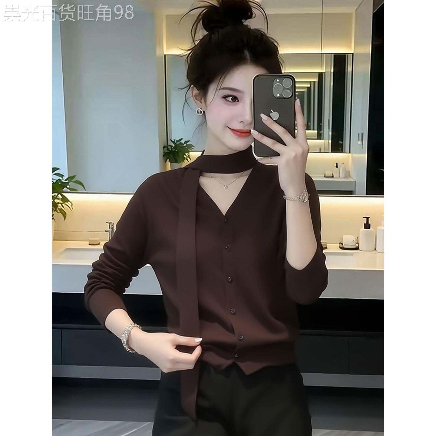 飘带优雅v领针织衫韩版时尚长袖毛衣女秋冬新款纯色简约百搭上衣