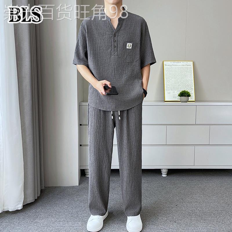 高端冰丝短袖长裤套装男夏季2026新款V立领休闲短袖T恤男士两件套