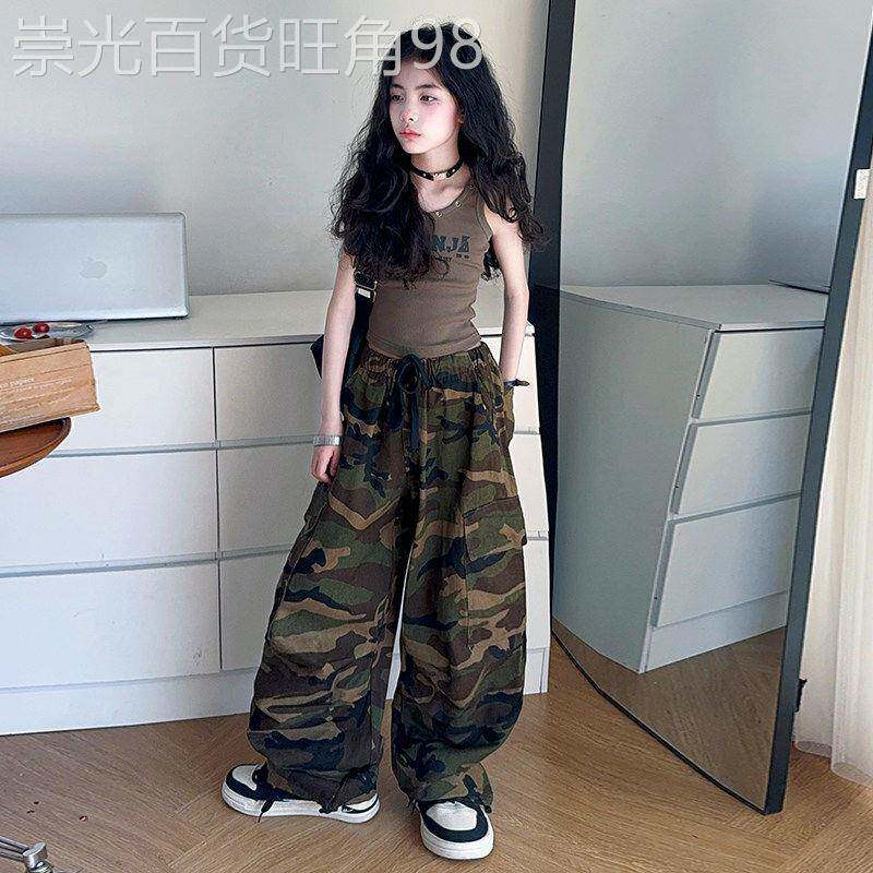 法国BADNUT女童夏季新款2026吊带打孔背心迷彩工装裤休闲长裤套装