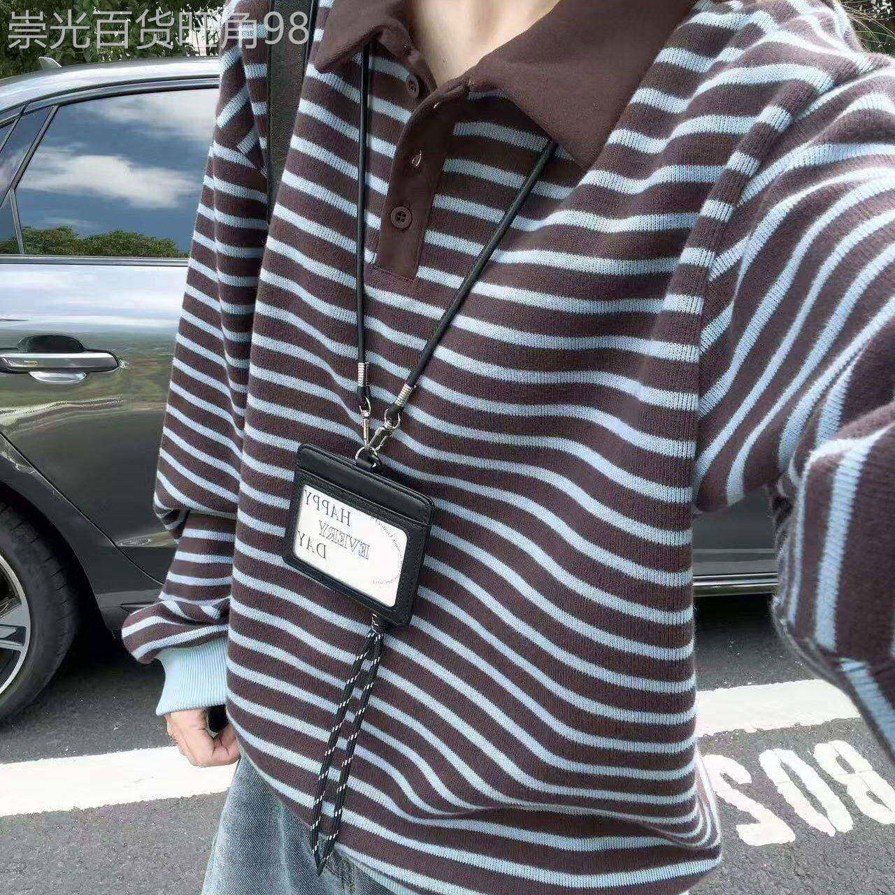 翻领长袖卫衣女春秋季2026新款大码胖mm韩式百搭休闲条纹毛衣上衣