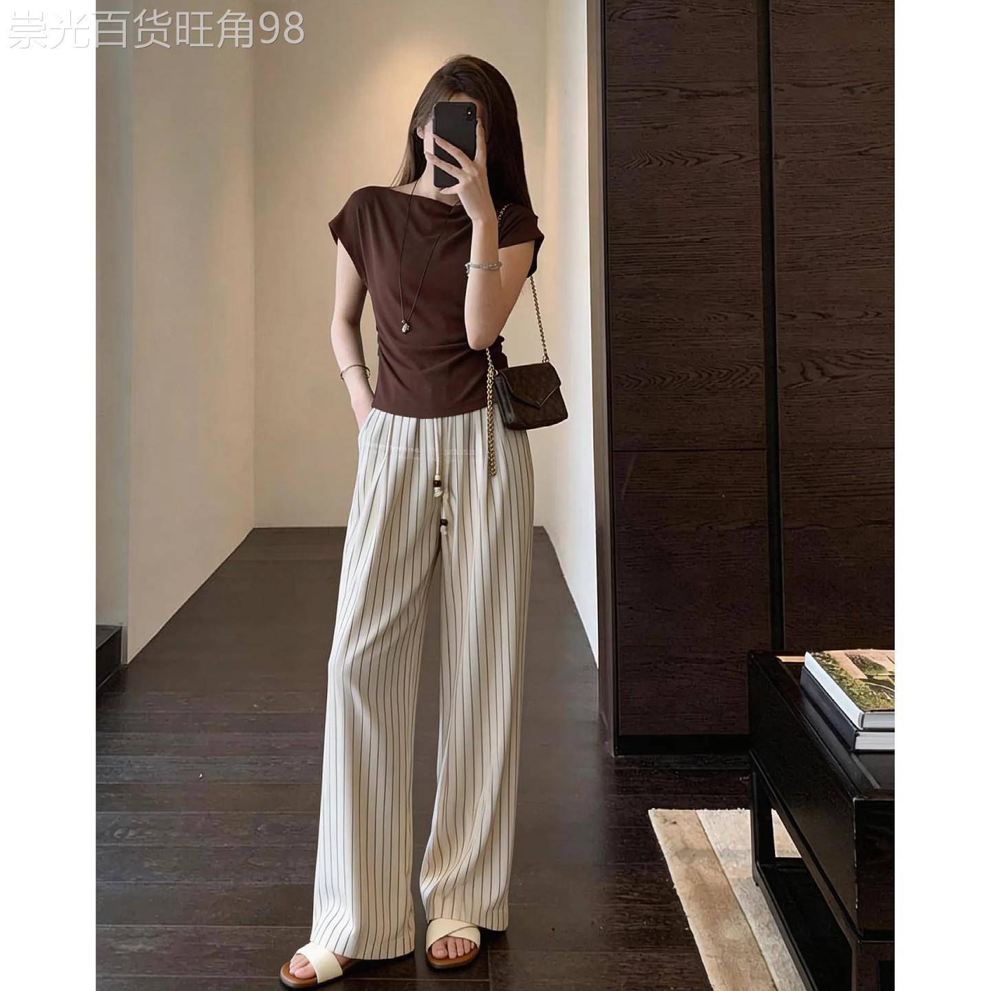 韩版一字领收腰显瘦短袖T恤女夏新款设计感小众洋气超好看上衣潮