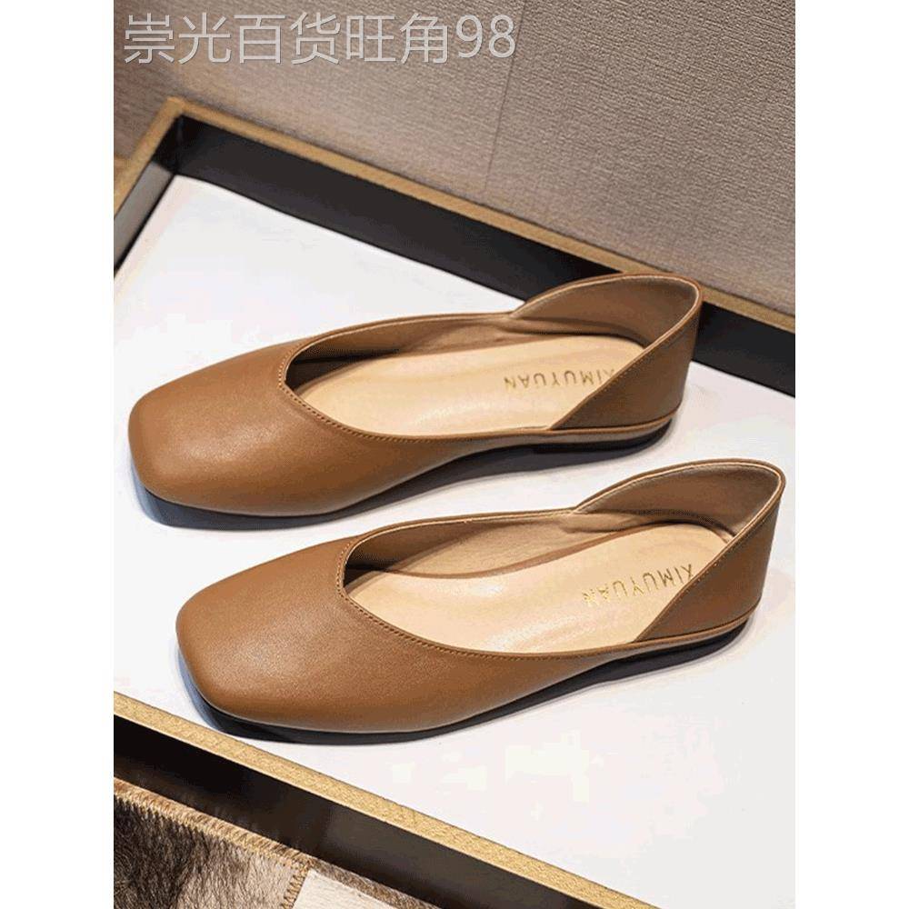 真皮软底方头单鞋女鞋2025年春季新款覆古浅口简约平底小皮鞋船鞋