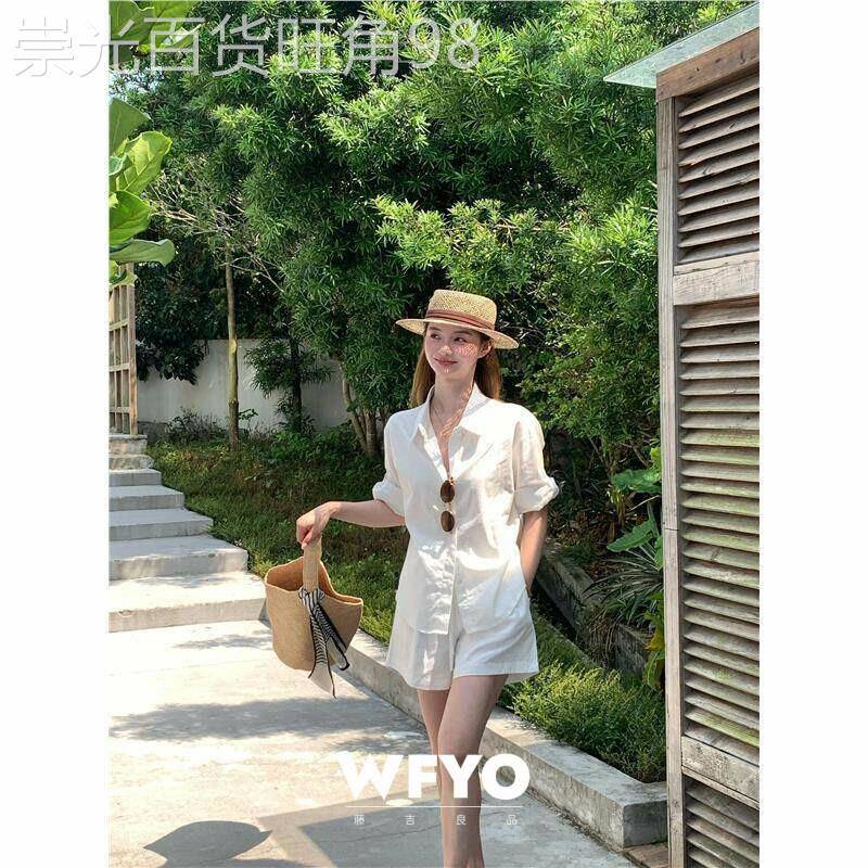 WFYO/白色衬衫高端亚麻套装女2026夏气质简约休闲衬衣短裤两件套