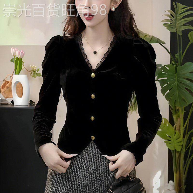 2026秋季流行风格新款法式小香风蕾丝花边金丝绒V领长袖女装衬衫