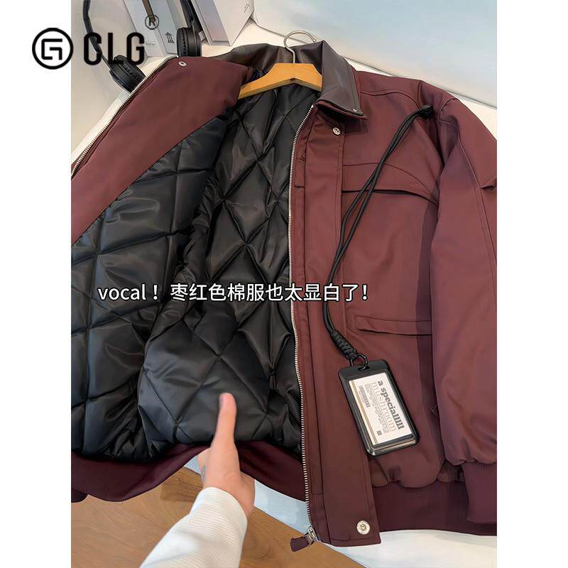 香港CLG潮牌酒红色飞行夹克棉服男冬季夹棉加厚翻领棉衣美式复古