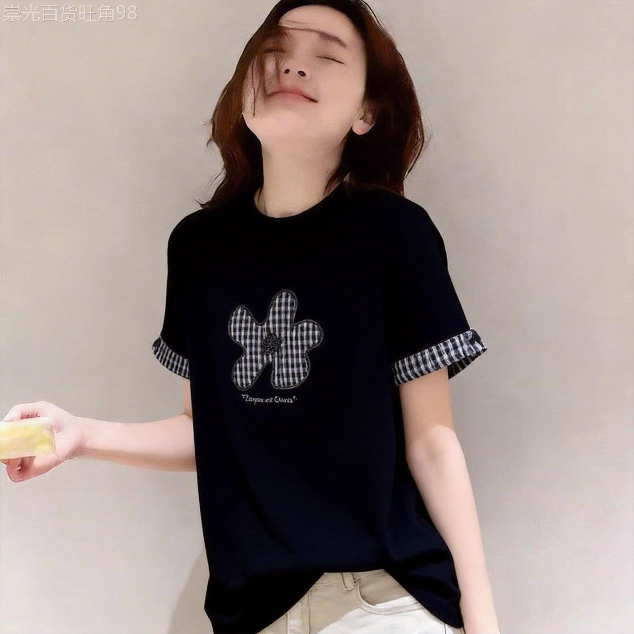 韩国格子拼接设计感刺绣花朵短袖T恤女夏季新款时尚减龄上衣潮ins