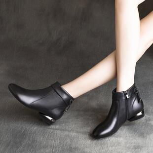 韩版潮牌低跟小短靴女秋冬新款软皮平底女鞋冬季加绒牛皮真皮鞋潮