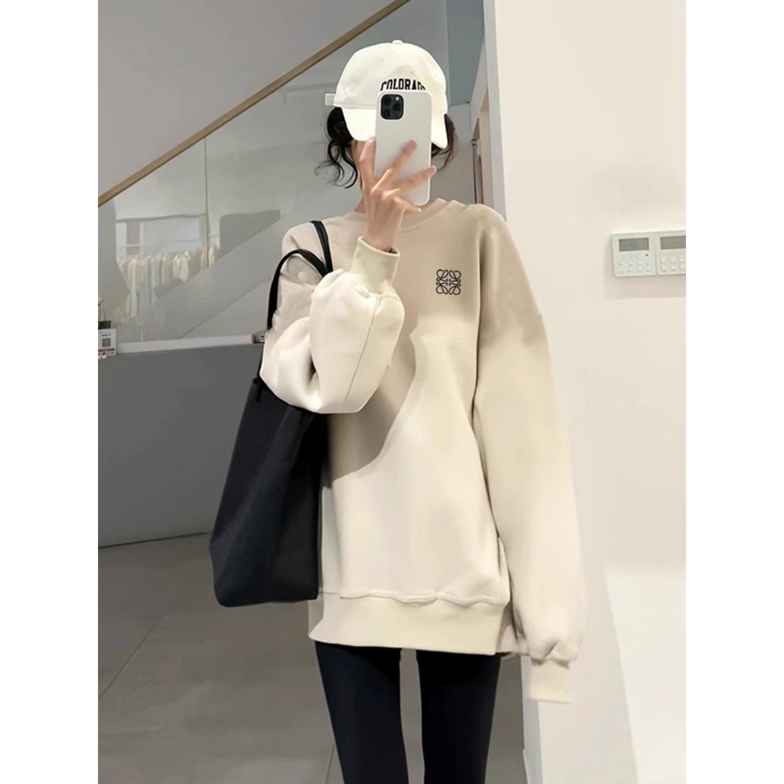 杏色无帽卫衣女士2025秋冬新款减龄字母印花上衣宽松长款大版外套