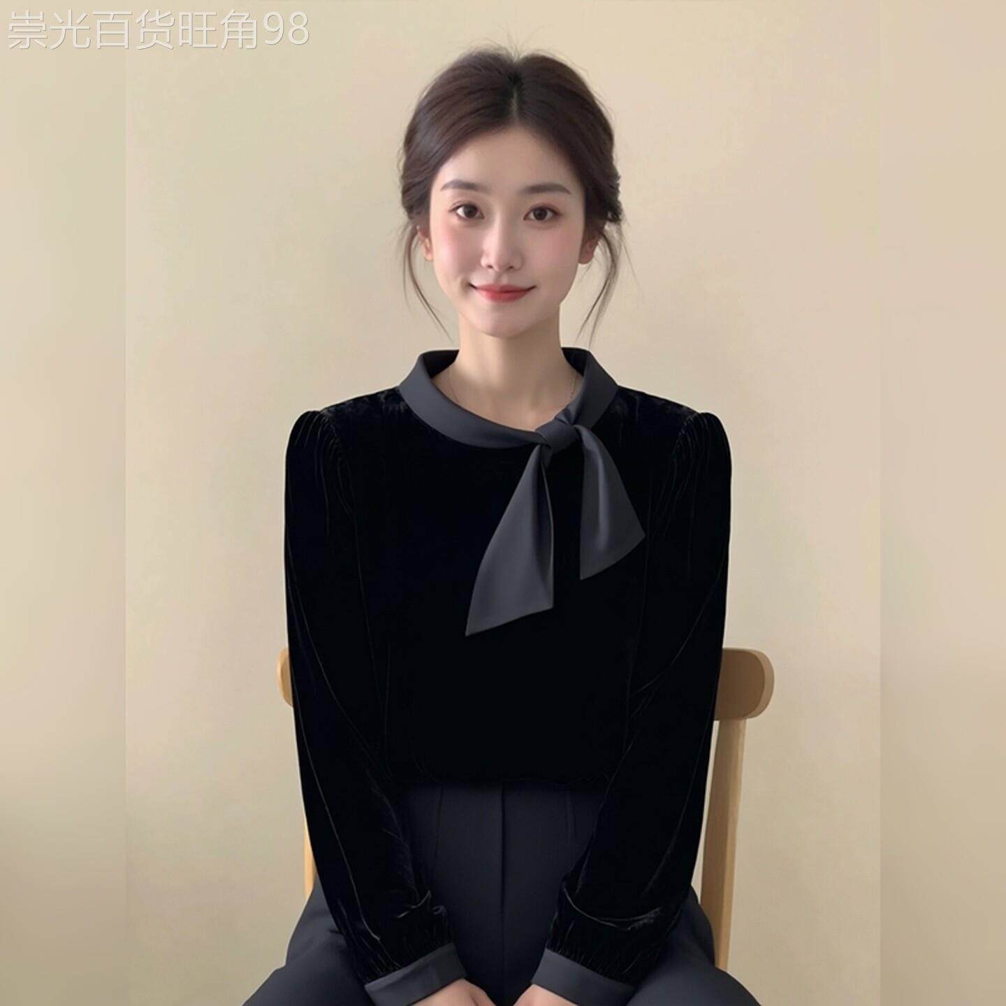 法式气质黑色蝴蝶结丝绒衬衫女2025秋冬新款别致洋气百搭小衫上衣