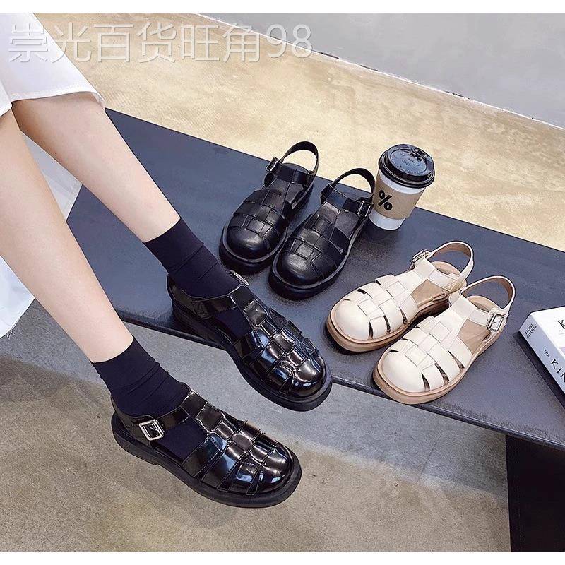 香港真皮罗马凉鞋女2026年新款春夏法式复古包头单鞋厚底平底鞋子