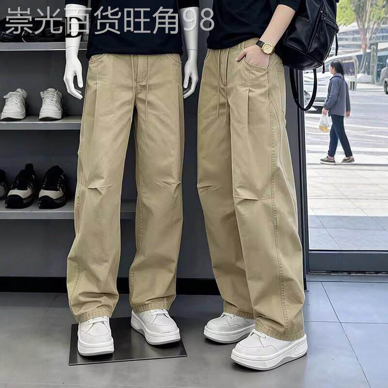 高端卡其色工装裤男款夏季2026新款美式拼接直筒弯刀裤男士休闲裤