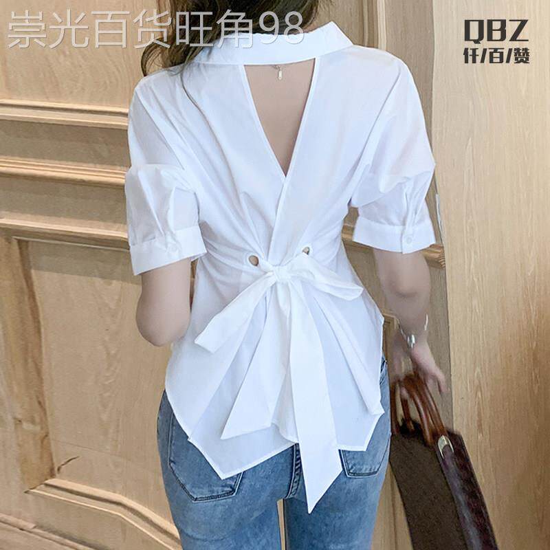 白色短袖衬衫女夏季薄款设计感小众时尚洋派镂空露背系带收腰上衣