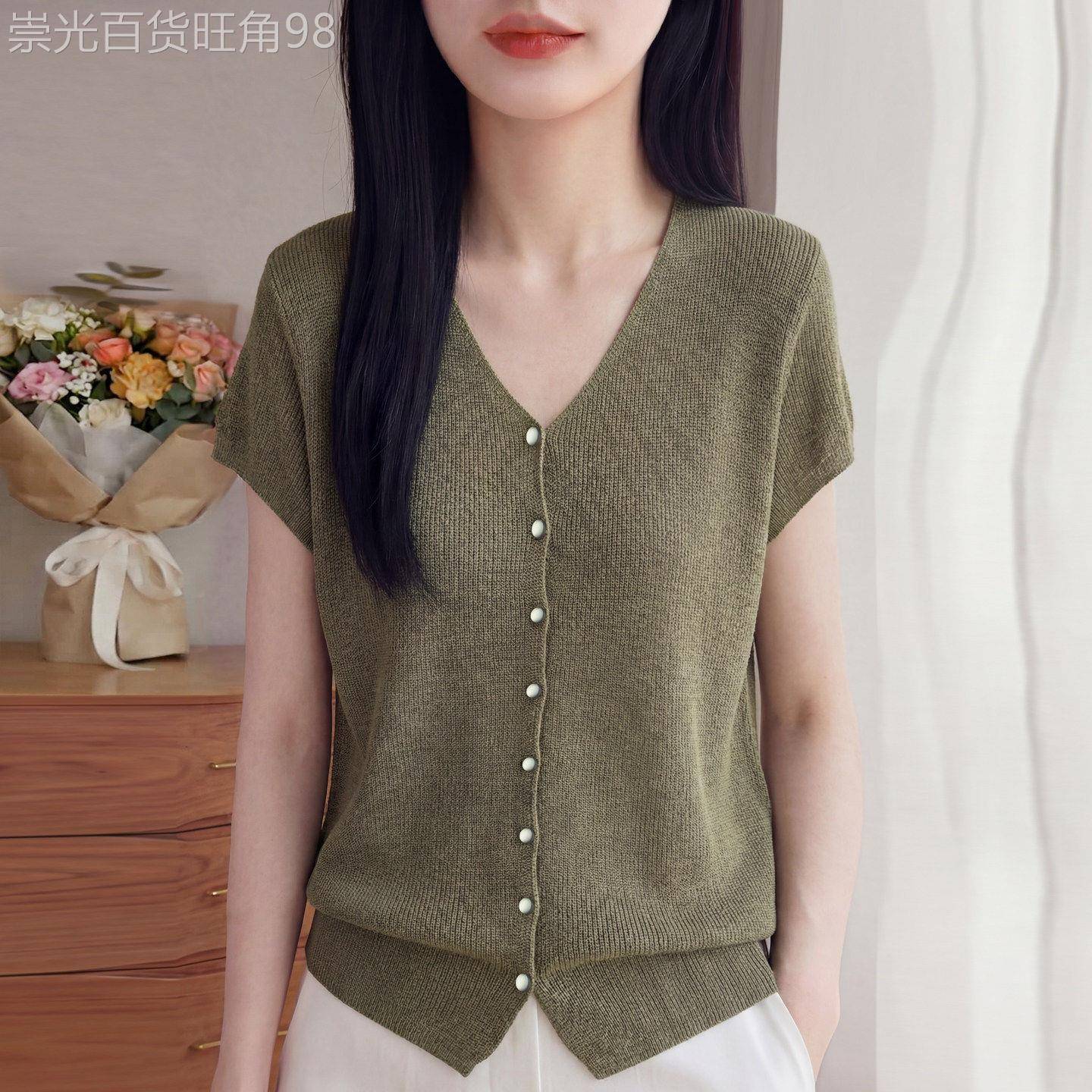 2026夏季亚麻天丝清凉针织短袖开襟外套女2026新款V领宽松薄款T恤
