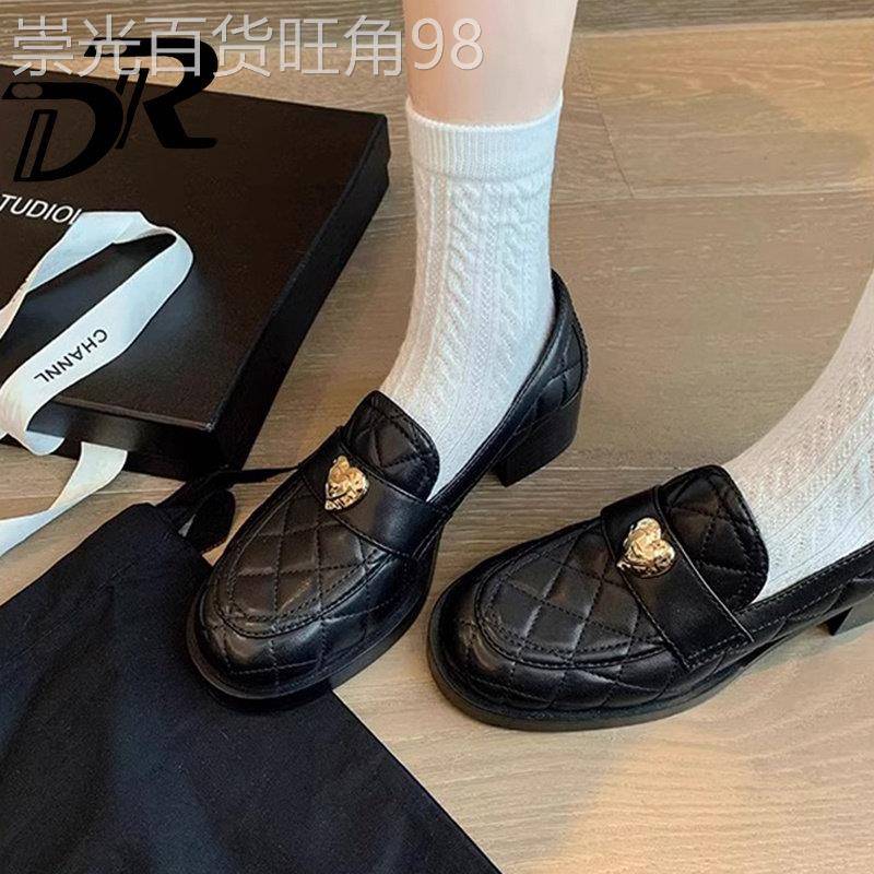 DR羊皮版~手工菱格乐福单鞋女2025新款一脚蹬粗跟厚底英伦小皮鞋