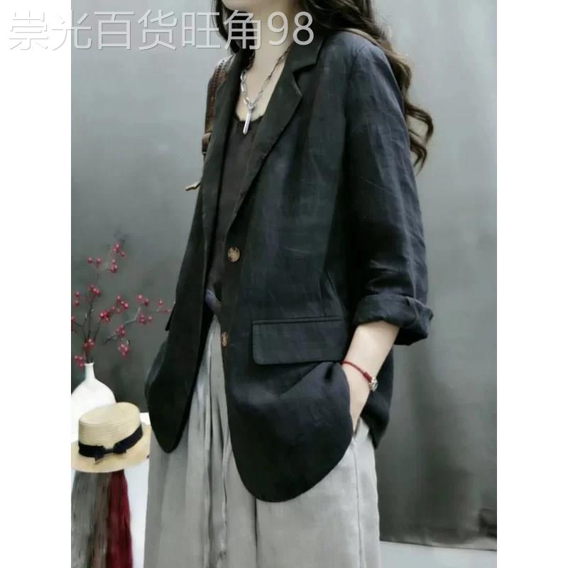 黑色亚麻西装外套女夏季韩版通勤风时尚宽松百搭轻薄气质外搭上衣