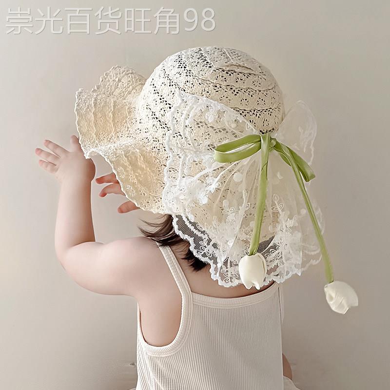 法国BADNUT夏季女童草帽儿童遮阳防晒帽蕾丝蝴蝶结沙滩太阳帽