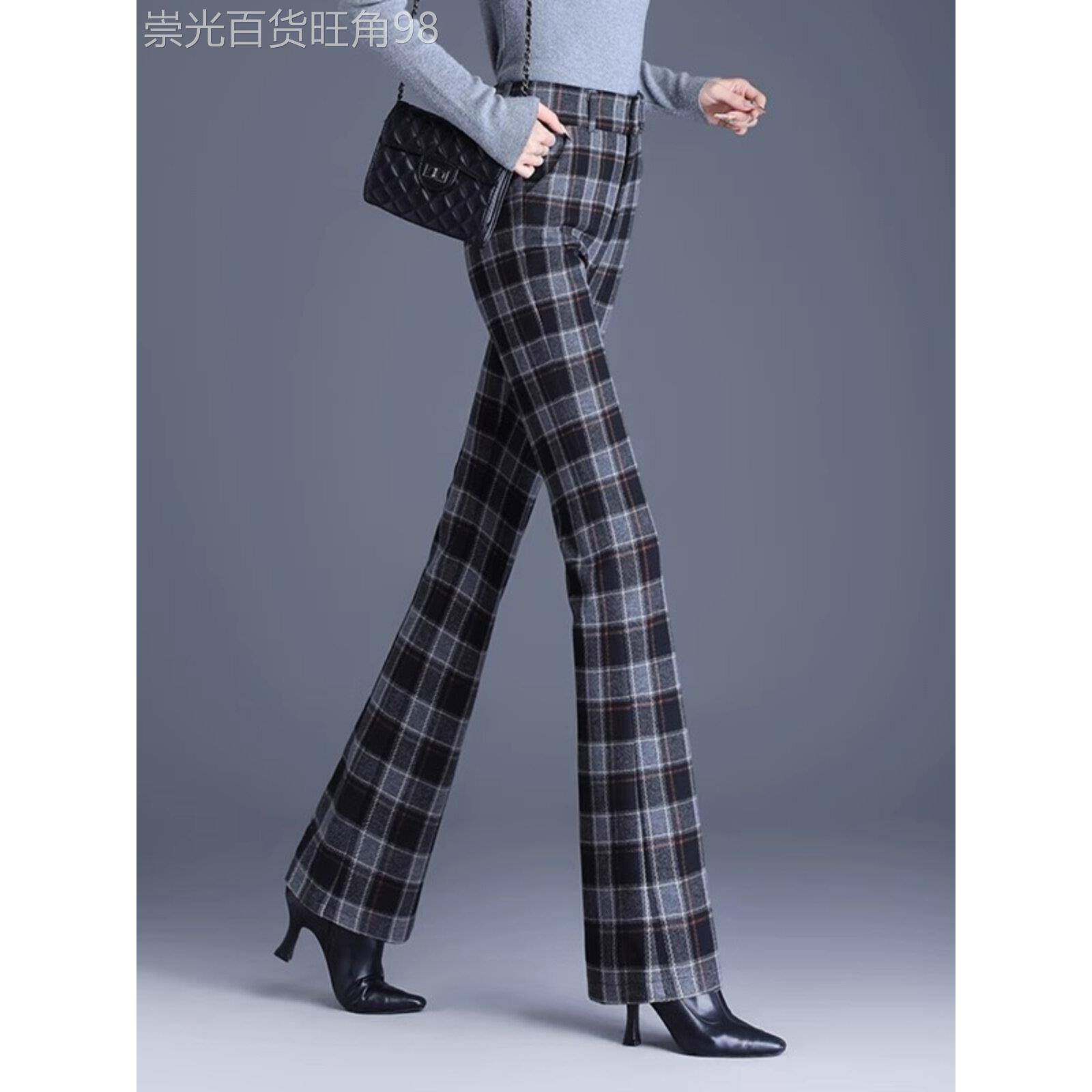 格子女裤微喇裤2025春秋新款今年流行修身喇叭裤高腰显瘦爆款长裤