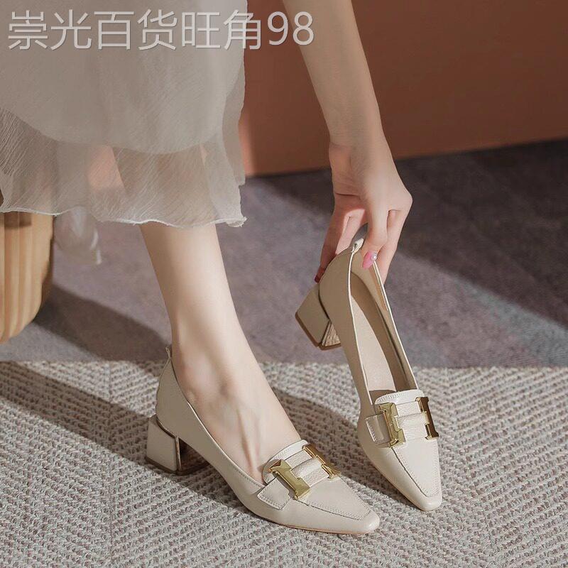 小方头真皮高跟鞋女2025夏季韩版新款搭裙子温柔百搭浅口粗跟单鞋