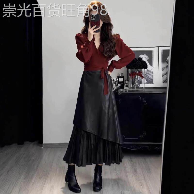 黑色皮裙冬裙女冬季欧货百褶裙a字半身裙小个子高腰长裙气质半裙