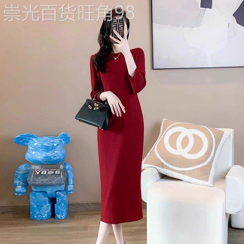 高端红色修身一字肩连衣裙2026气质春季女装包臀知性七分袖中长裙
