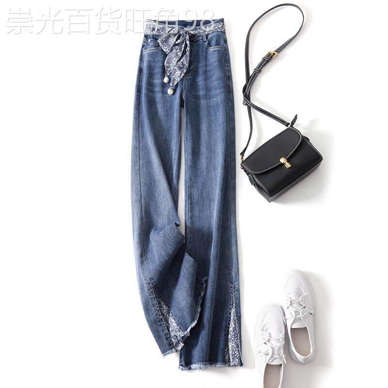 民族风牛仔裤女夏季薄款2026年新款大尺码宽松高腰显瘦阔腿喇叭裤