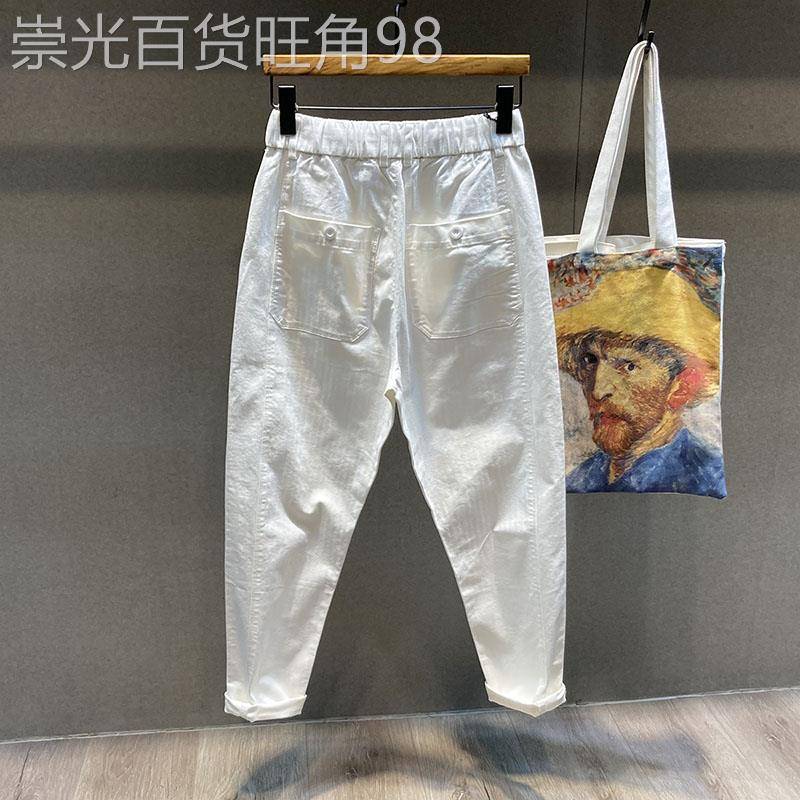 高端白色休闲裤男士夏季新款潮牌宽松小脚哈伦裤系带百搭九分男裤