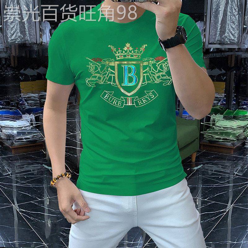 欧货潮牌烫金字母印花短袖T恤男夏季丝光棉圆领百搭修身半袖上衣