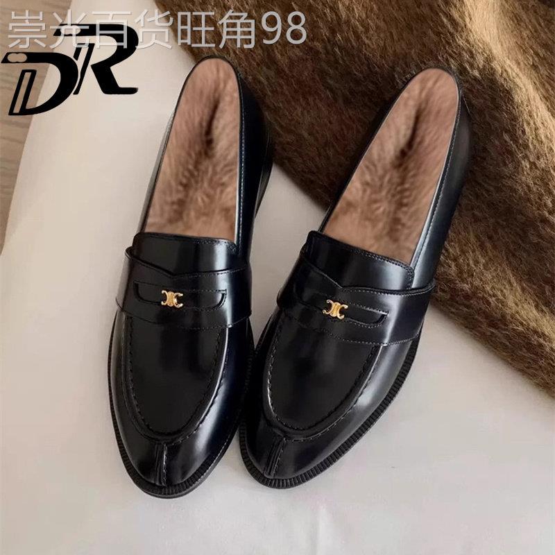 DR牛皮兔毛~内增高乐福鞋女小个子凯旋门单鞋一脚蹬英伦风小皮鞋